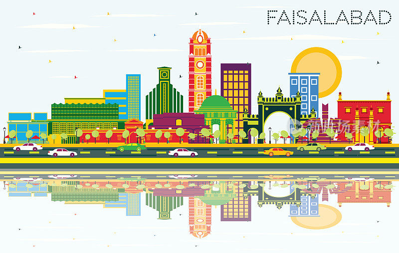 Faisalabad Pakistan City Skyline with Color Buildings, Blue Sky and Reflections.